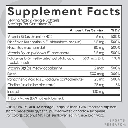 Sports Research Vitamin B-Complex – Full Spectrum B Vitamins with Methylated B12 & Folate | Gluten Free, Plant-Based, Non-GMO, Vegan-Friendly - 60 Veggie Softgels