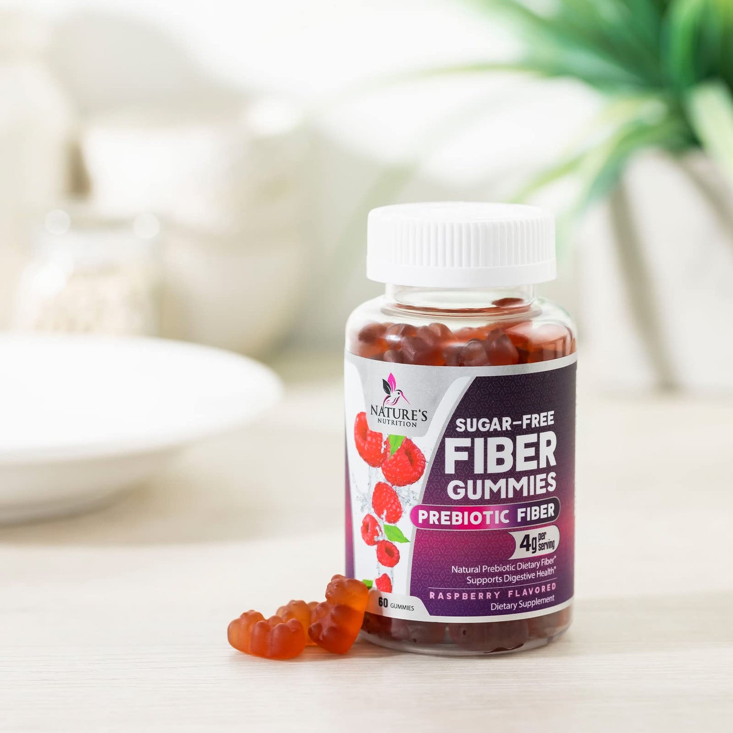 Prebiotic Fiber Gummies 4g - Sugar Free Gummy Fiber Supplement for Digestive Health & Regularity - Raspberry Flavor | Plant-Based, Non-GMO, Gluten Free - 60 Gummies