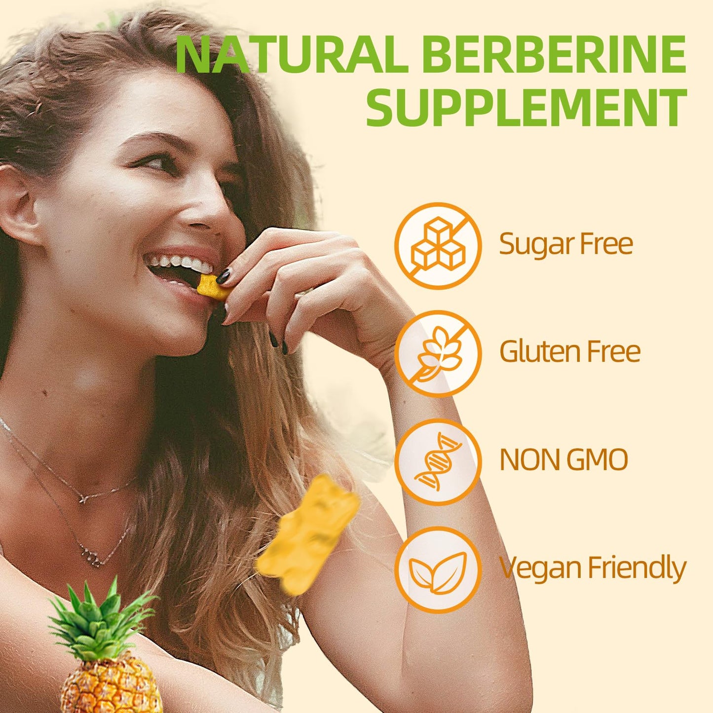 Berberine Gummies with Ceylon Cinnamon 1500mg | Immune & Metabolism Support | Sugar Free Pineapple 60 Count