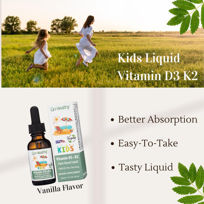 Go Healthy Kids D3 K2 MK-7 – Vanilla Liquid Drops for Kids, 30 Servings