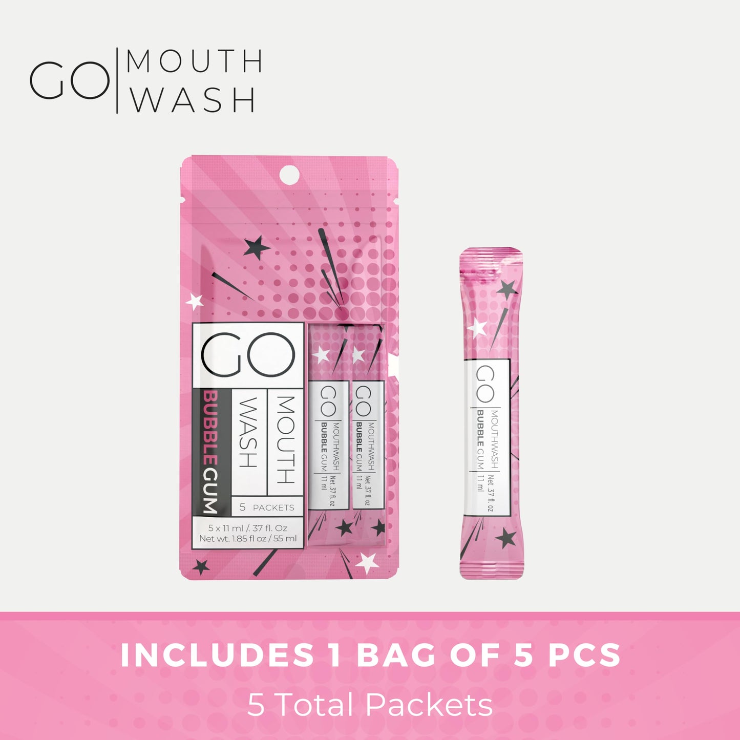 Go Mouthwash Packets Bubblegum - Fluoride Free, Alcohol Free, Dye Free, Xylitol | Bulk Mouthwash for Lunch Boxes & Travel