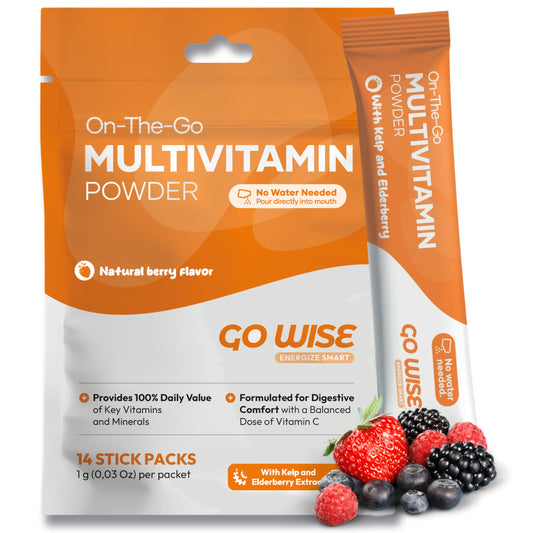 مسحوق فيتامينات متعددة Go Wise On The Go – 14 كيسًا يوميًا نباتيًا، بنكهة التوت، خالٍ من الجلوتين