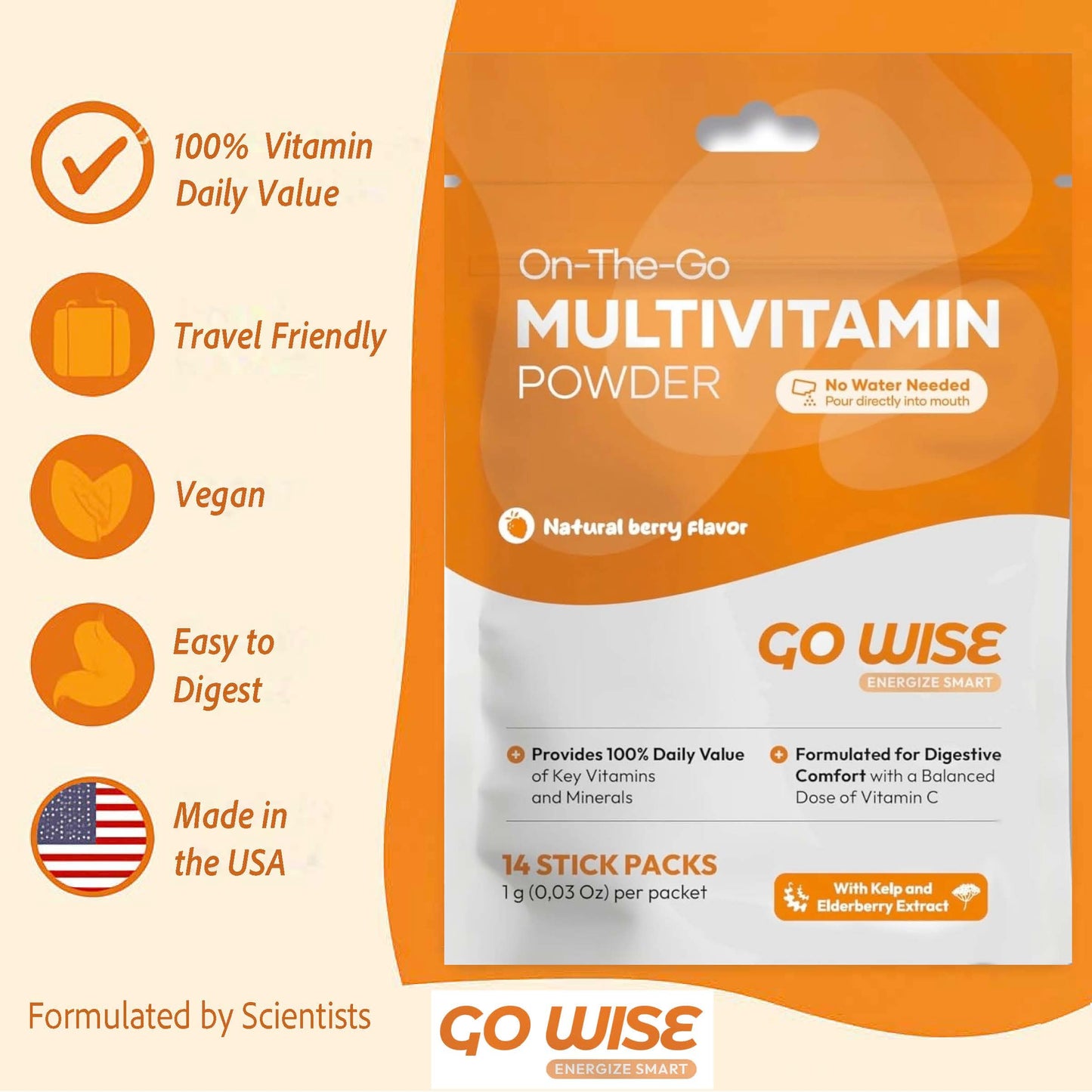 Go Wise On The Go Multivitamin Powder – 14 Vegan Daily Packets, Berry Flavor, Gluten-Free