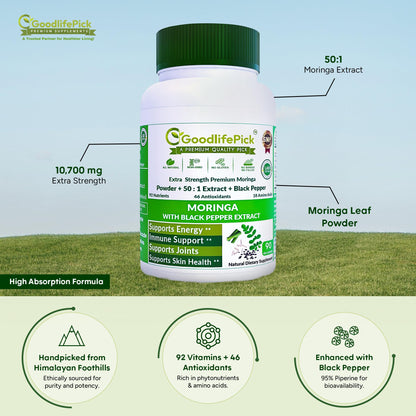 GoodlifePick Premium Moringa Capsules with Black Pepper | 50:1 Moringa Extract (90ct) – All Natural, Non-GMO, Vegan