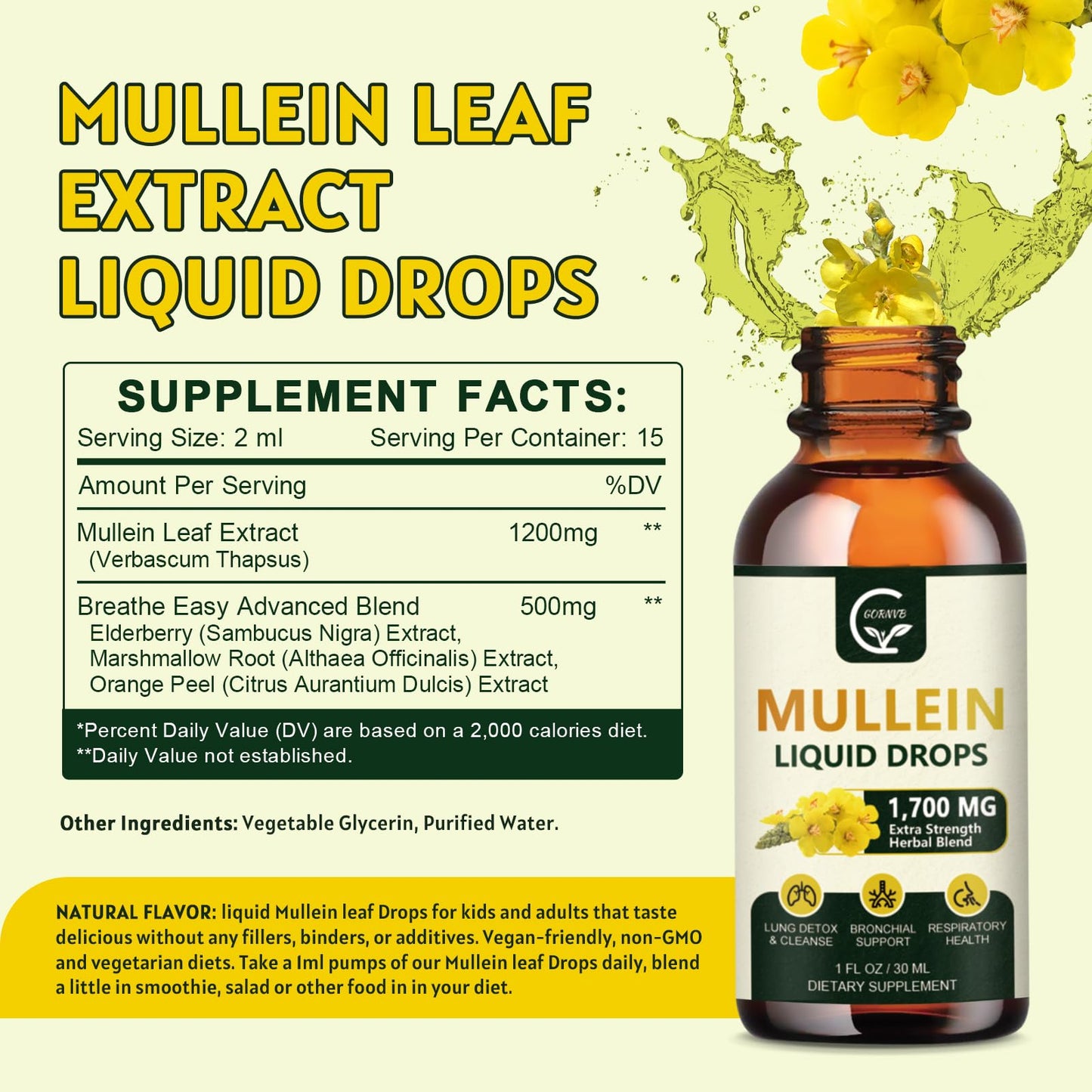 GORNVB Mullein Drops for Lungs (2 Pack) - Respiratory Support & 4 in 1 Mullein Leaf Extract | 1 Fl Oz