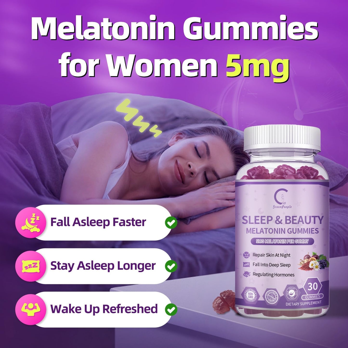 GPGP GreenPeople Women's Melatonin Gummies 5mg – Sleep Aid with Ashwagandha, L-Theanine & Collagen