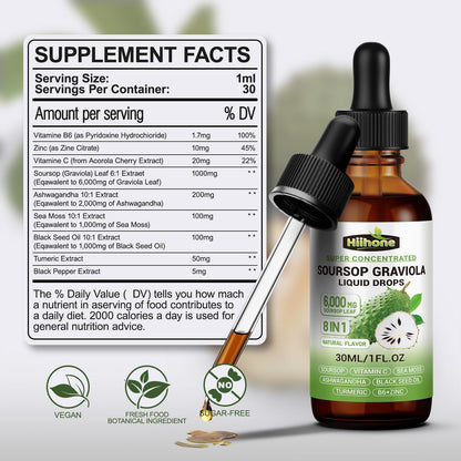 (2 Pack) 8-in-1 Graviola Soursop Liquid – Immune & Liver Support, Sea Moss, Ashwagandha, Turmeric | 1 Fl Oz