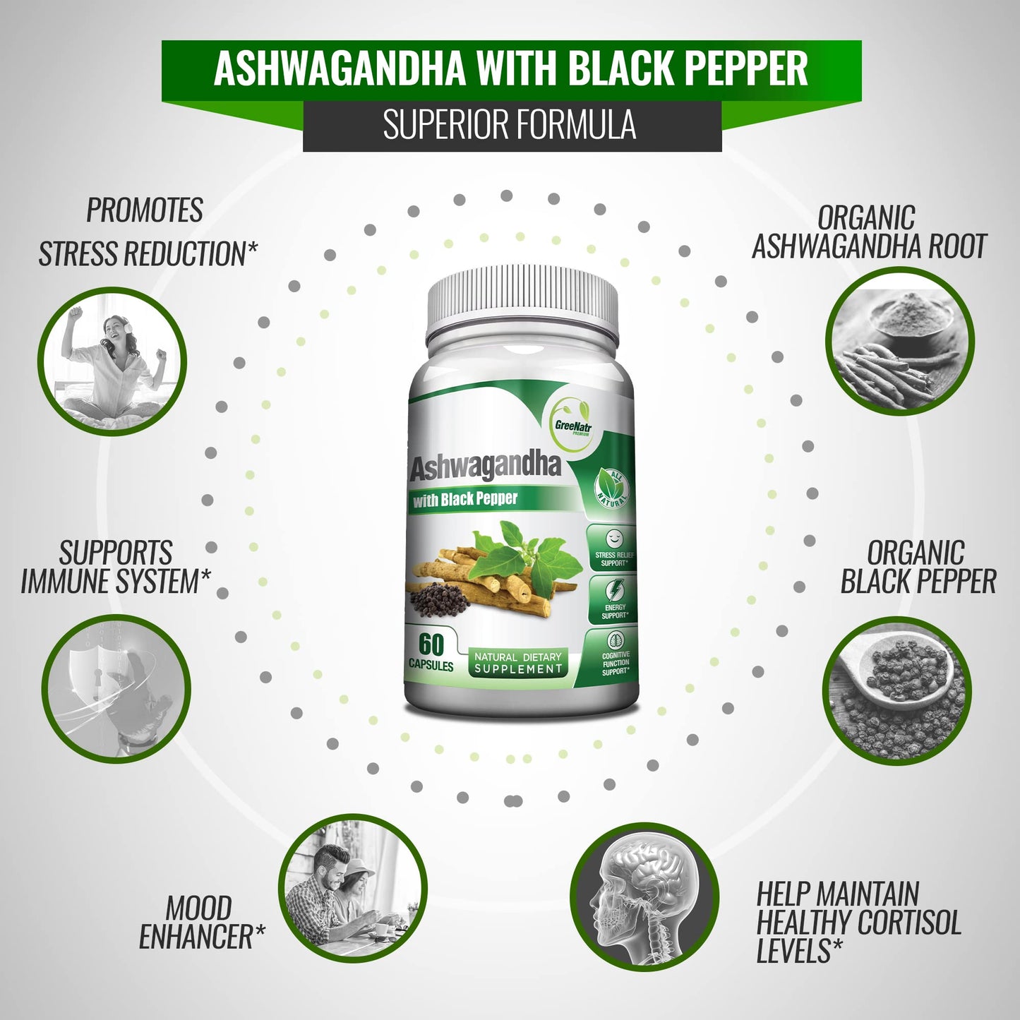 GreeNatr Organic Ashwagandha Capsules with Black Pepper for Enhanced Absorption - Mood Enhancer with Energy and Cognitive Function - 1300 mg Veggie Capsules (1 Bottle)