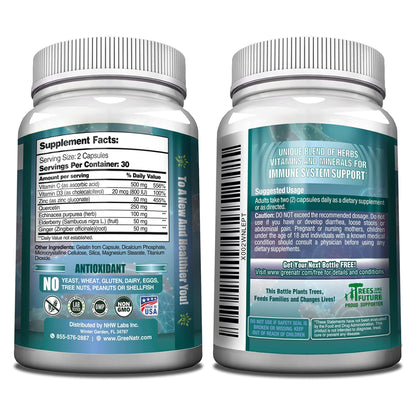 GreeNatr Immune Support – Vitamin C, D3, Zinc 50mg, Quercetin, Elderberry, Ginger, 60 Capsules