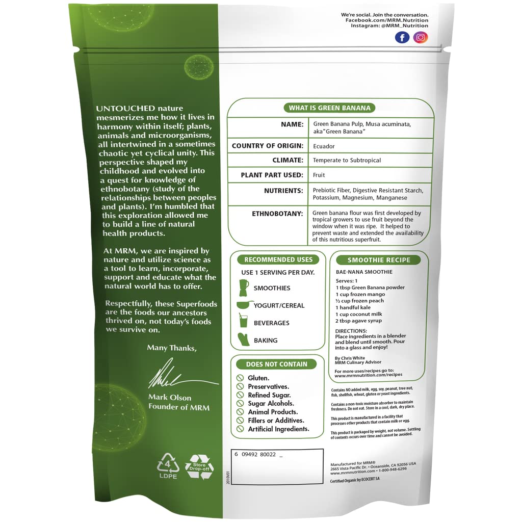 MRM Nutrition Organic Green Banana Powder – High-Fiber Prebiotic Flour (40 Servings)