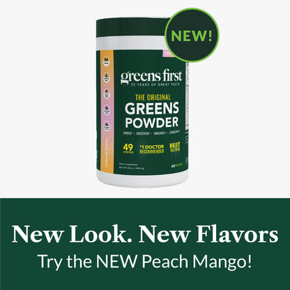 Greens First Original Greens Powder – 49 Superfoods, Peach Mango, 60 Servings