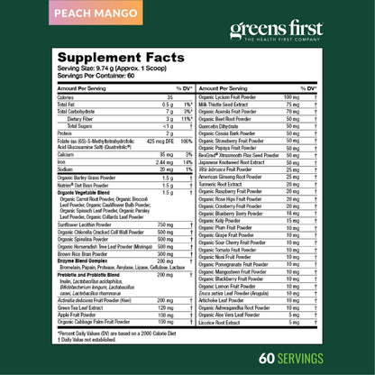Greens First Original Greens Powder – 49 Superfoods, Peach Mango, 60 Servings