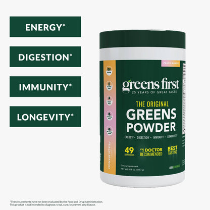 Greens First Original Greens Powder – 49 Superfoods, Peach Mango, 60 Servings