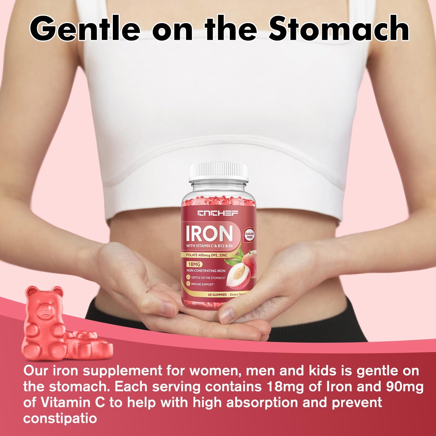Iron Gummies for Women & Men – Peach Flavor, Vegan, 60 Gummies