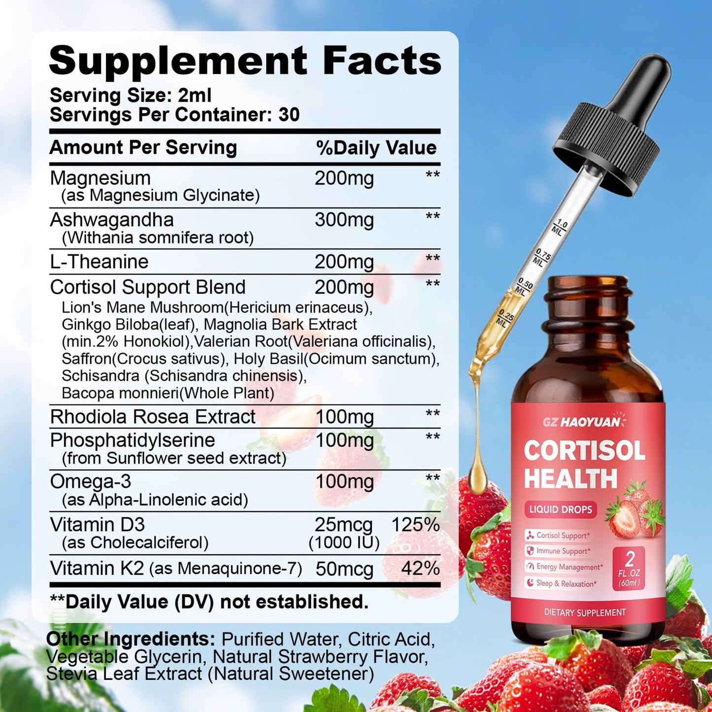GZ HAOYUAN Cortisol Support Drops – 2 fl oz – Strawberry (Magnesium, Ashwagandha & L-Theanine)