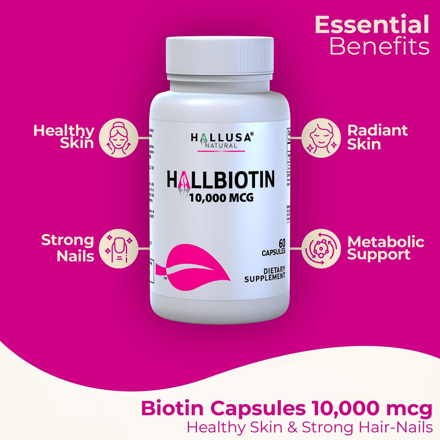 Hallusa Natural Biotin 10,000 mcg – Hair, Skin & Nails | 60 Capsules
