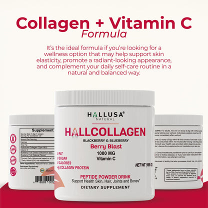 Hallusa Collagen Peptides Powder 1000mg + Vitamin C – BlackBerry & Blueberry Flavor | 4g per Serving