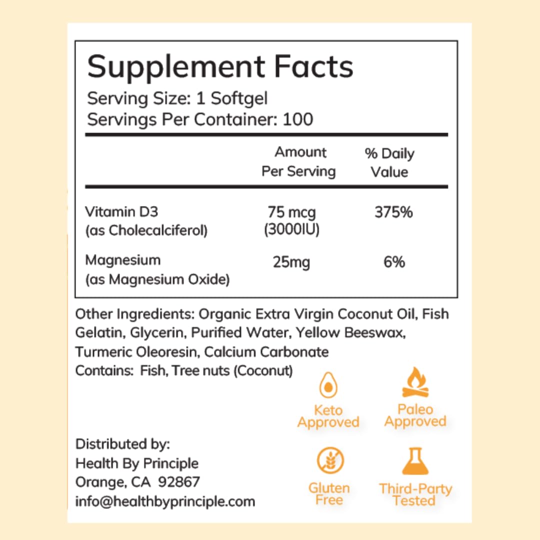 Health by Principle Vitamin D3 - Immune & Bone Support (100 Softgels) - Organic, Non-GMO, Gluten Free