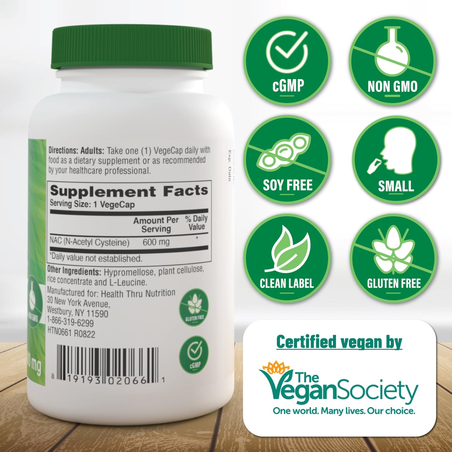 Health Thru Nutrition NAC N-Acetyl-Cysteine 600mg – Vegan Certified, Non-GMO, Gluten & Soy Free | 60 Capsules