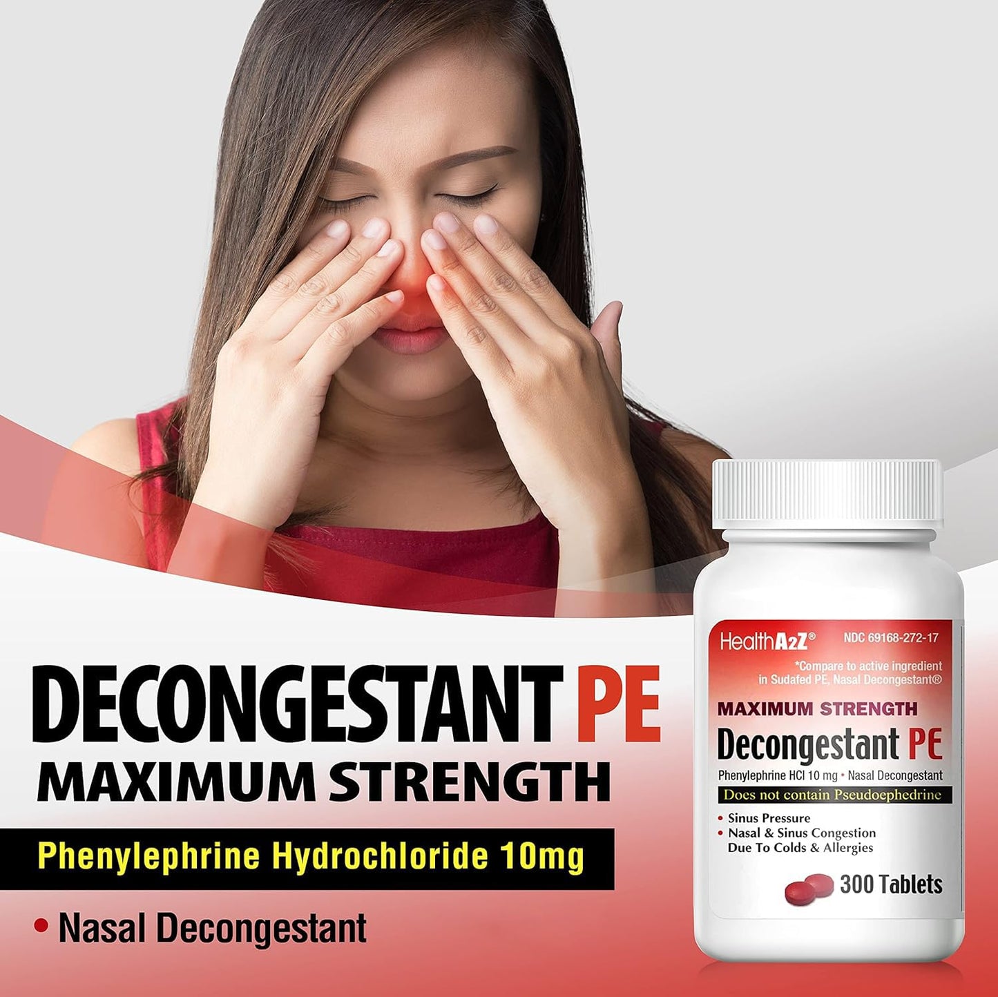 HealthA2Z Decongestant PE – Phenylephrine 10 mg, Maximum Strength (300 Count)