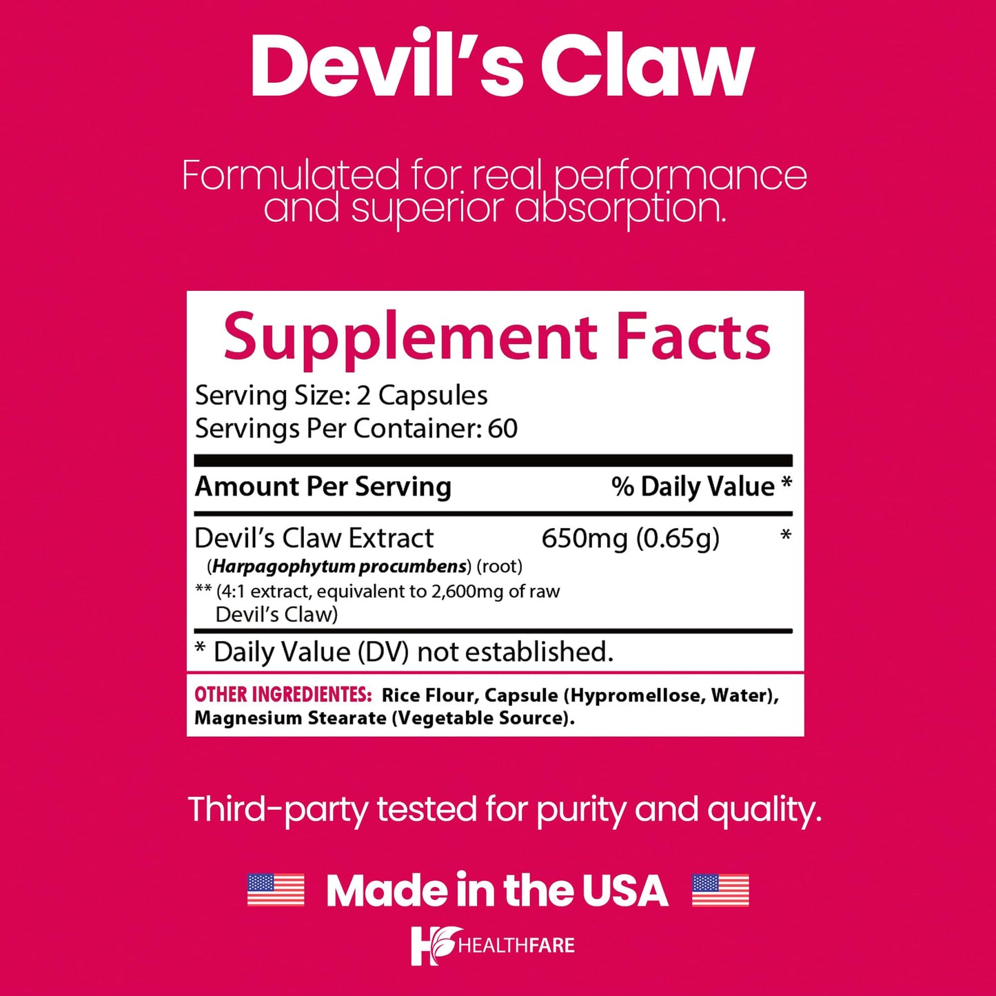Healthfare Devils Claw Root 2600mg – 120 Vegan Capsules | Joint Support | Non-GMO, Gluten-Free | Made in USA