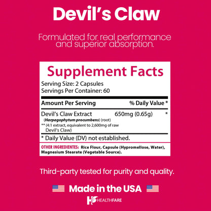 Healthfare Devils Claw Root 2600mg – 120 Vegan Capsules | Joint Support | Non-GMO, Gluten-Free | Made in USA