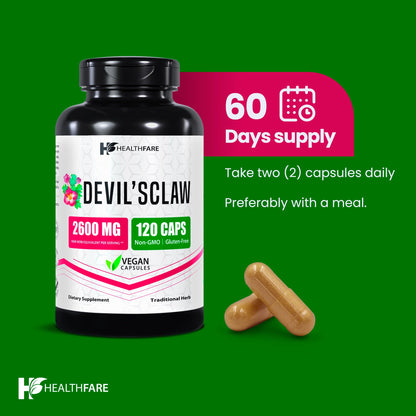 Healthfare Devils Claw Root 2600mg – 120 Vegan Capsules | Joint Support | Non-GMO, Gluten-Free | Made in USA