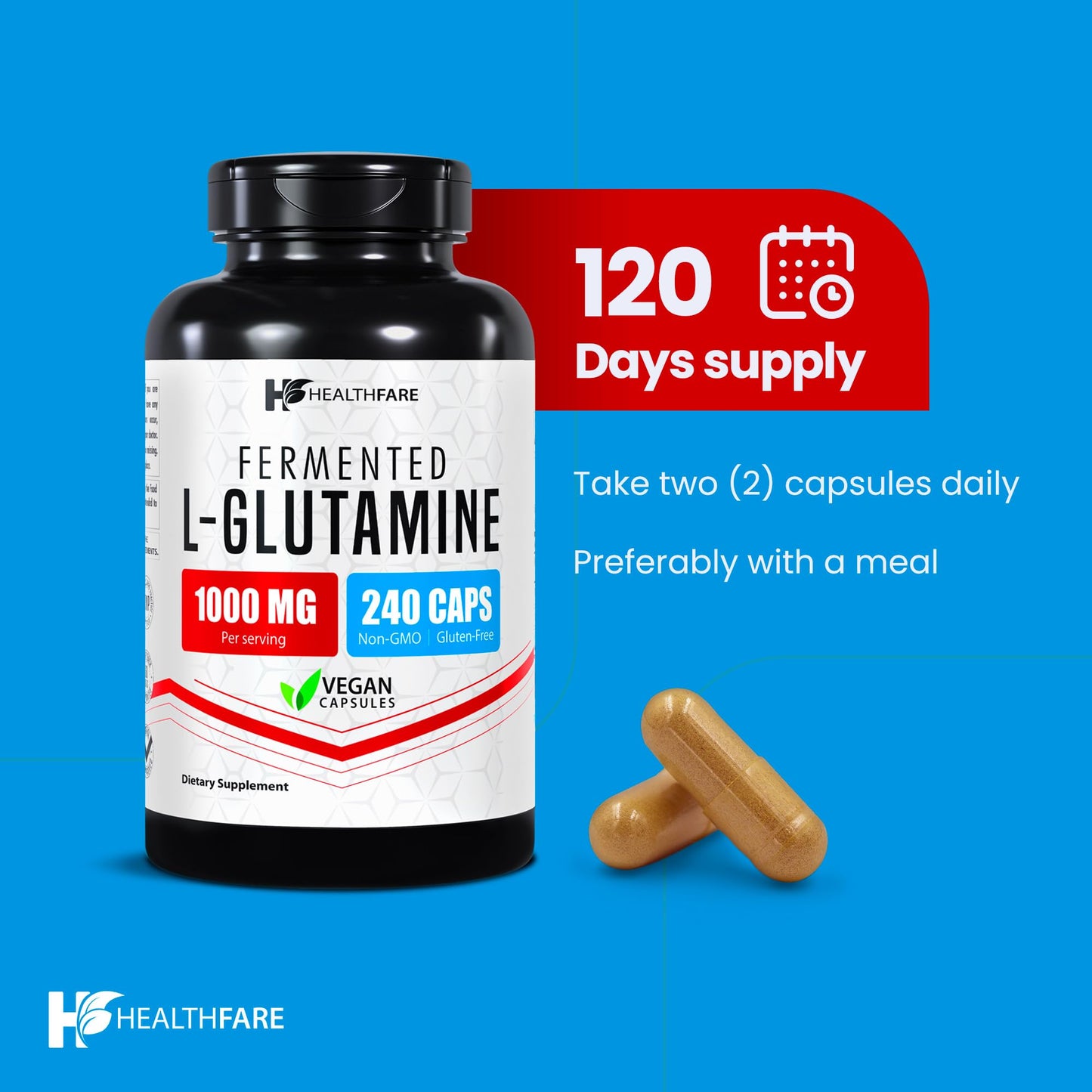 HealthFare L Glutamine 1000mg | 240 Vegan Capsules | Digestive Support & Muscle Recovery | Made in USA