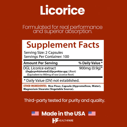 Healthfare Licorice Root Extract 900mg | DGL Supplement – 200 Vegan Capsules | Made in USA