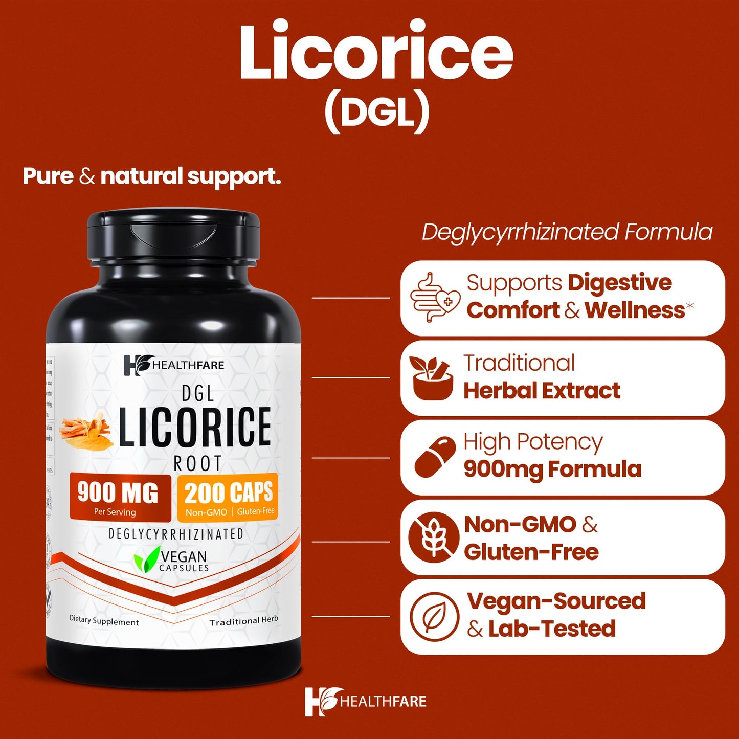 Healthfare Licorice Root Extract 900mg | DGL Supplement – 200 Vegan Capsules | Made in USA