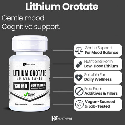 HealthFare Lithium Orotate 130mg | 200 Tablets | Made in USA