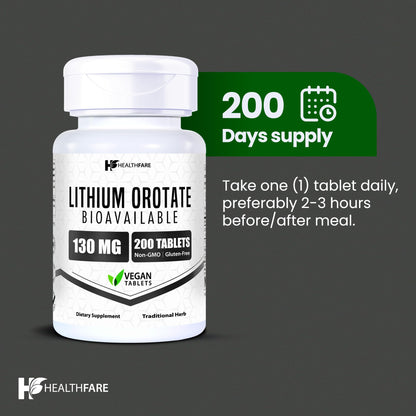 HealthFare Lithium Orotate 130mg | 200 Tablets | Made in USA