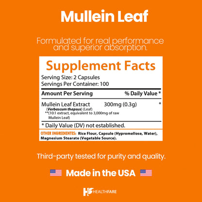 Healthfare Mullein Leaf Extract 3000mg | 200 Vegan Capsules | Extra Strength Herbal Supplement | Non-GMO, Gluten-Free | Made in USA