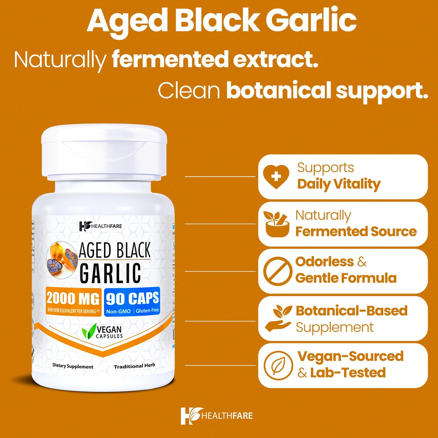 Healthfare Aged Black Garlic – 2000mg Equivalent, 90 Vegan Capsules