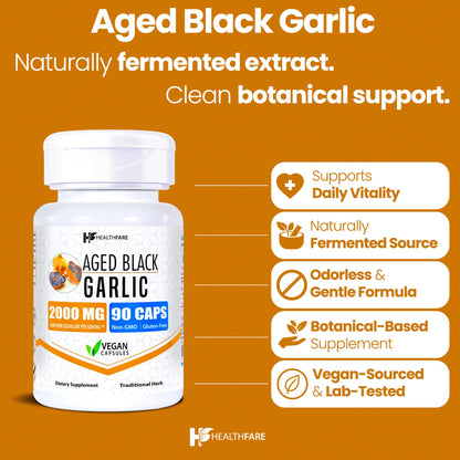 Healthfare Aged Black Garlic – 2000mg Equivalent, 90 Vegan Capsules