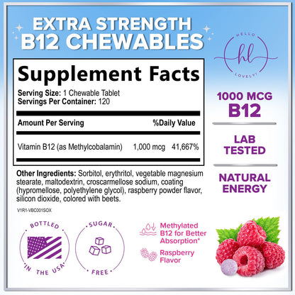 Hello Lovely! B12 Vitamin Chewables 1000 mcg - Energy & Immune Support - Gluten & Sugar Free (120 Chewables)