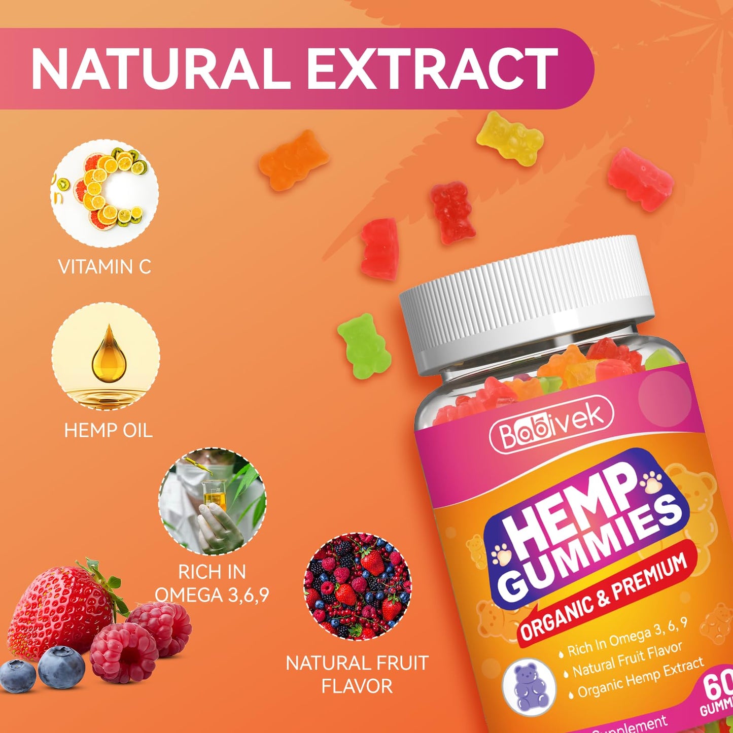 Hemp Oil Gummies with Vitamin C – Vegan, Organic, Non-GMO, Gluten-Free, Fruity Flavor, 60 Gummies(1Pack)