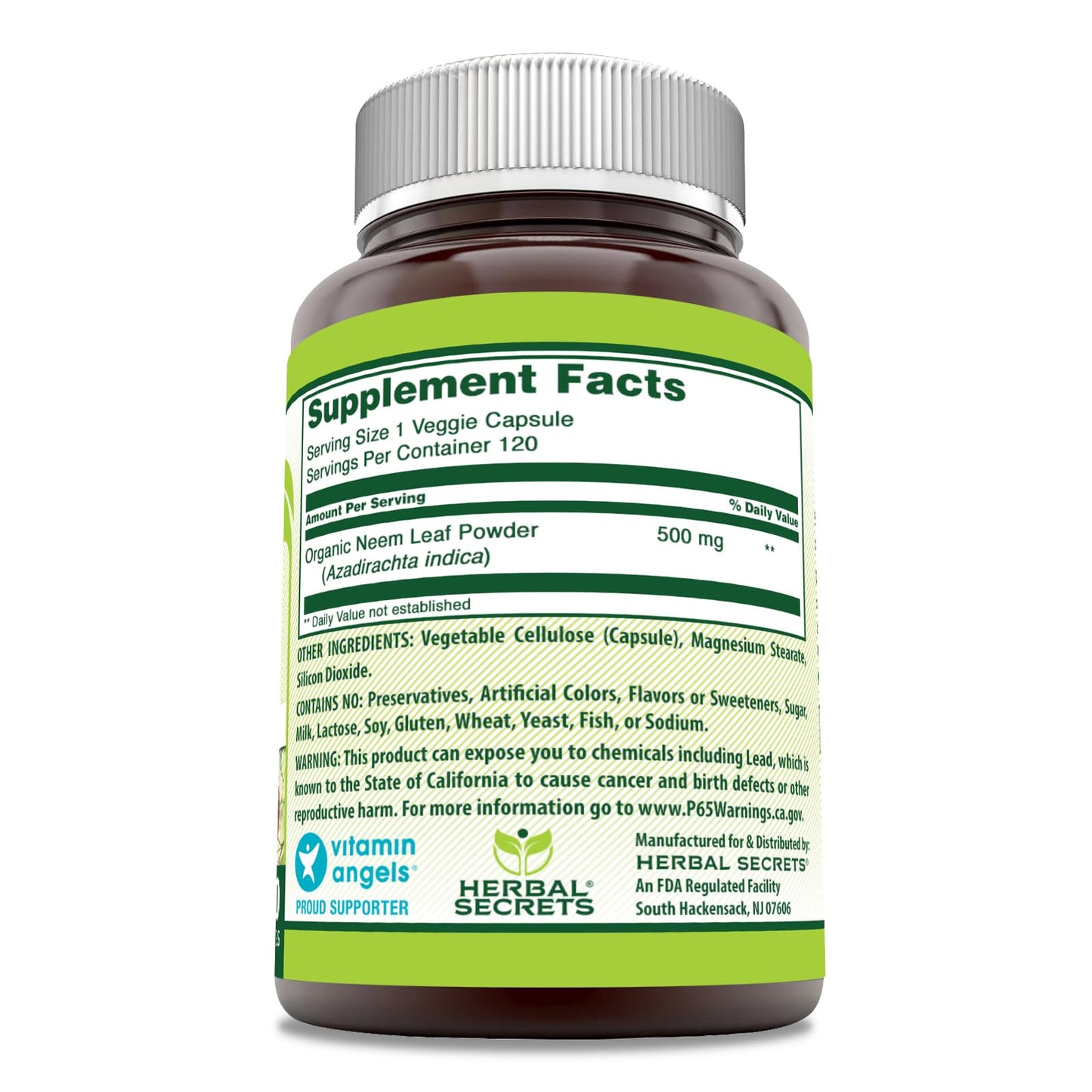 Herbal Secrets Neem Supplement - 500 Mg Per Serving | 120 Veggie Capsules | Non-GMO, Gluten Free, Made in USA