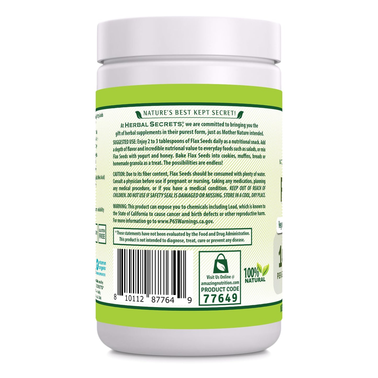 Herbal Secrets Organic Whole Flax Seeds Supplement – 14 g per Serving, 1 lb | Raw Vegan, Non-GMO, Gluten-Free, Made in USA