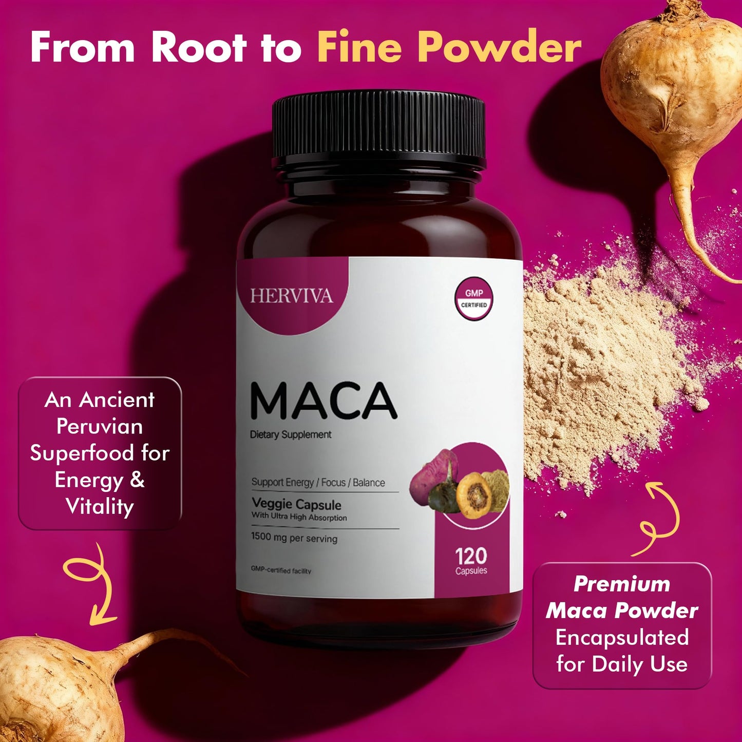 HERVIVA Maca Root Capsules – 1500mg per Serving | Vegan Veggie Capsules