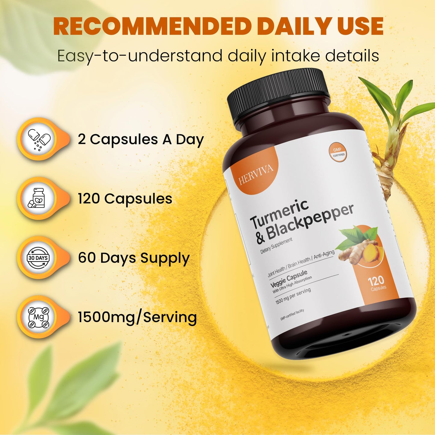 HERVIVA Turmeric Curcumin 1500mg with Black Pepper 5mg – High Potency, Vegan Capsules – Non-GMO, Gluten-Free – 120 Count