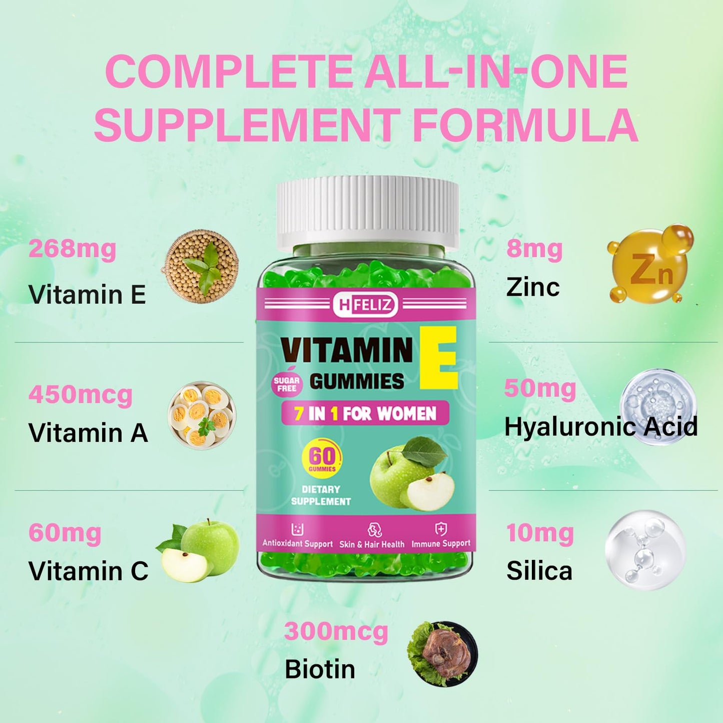 HFELIZ Vitamin E Gummies 400 IU for Women – 7-in-1 Skin, Nail, Hair & Antioxidant Support – 60 Ct
