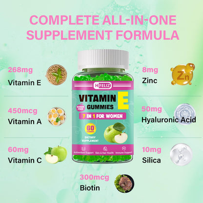 HFELIZ Vitamin E Gummies 400 IU for Women – 7-in-1 Skin, Nail, Hair & Antioxidant Support – 60 Ct
