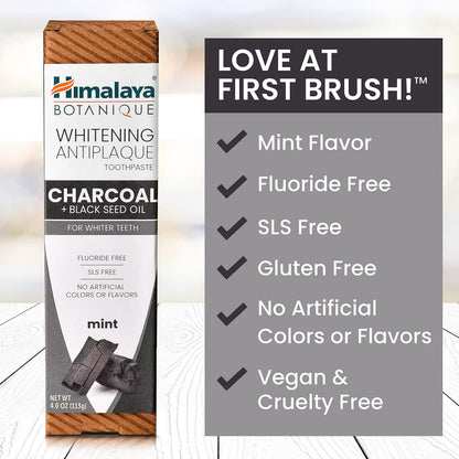 Himalaya Botanique Whitening Antiplaque Toothpaste – Charcoal & Black Seed Oil, Fluoride Free, 4 oz, 2 Pack