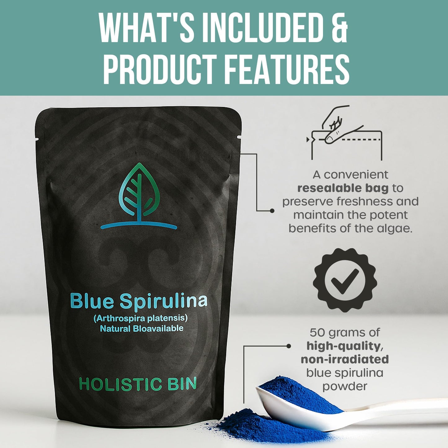 HOLISTIC BIN Blue Spirulina Powder - Organic Blue-Green Algae Supplement, 50g, Vegan Protein & Nutrients