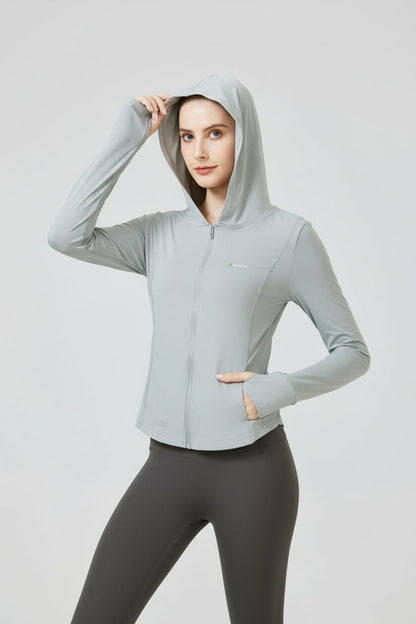 سترة رياضية بغطاء رأس، حماية من الأشعة فوق البنفسجية 50+