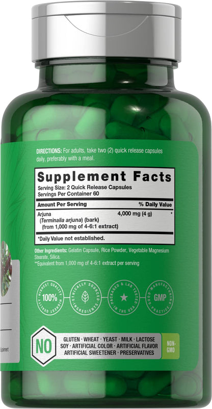 Horbaach Arjuna Capsules 4000mg – 120 Count | Non-GMO, Gluten Free | Arjuna Bark Extract