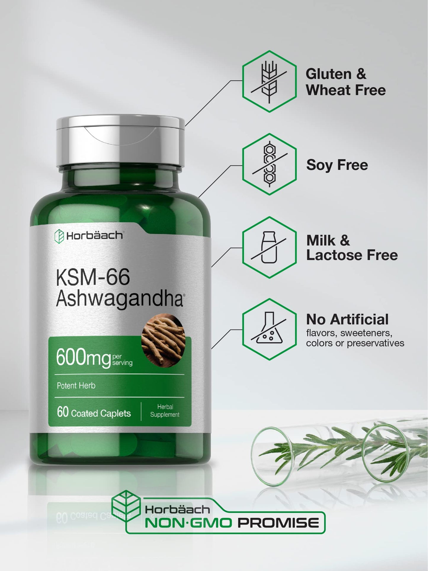 Horbäach KSM-66 Ashwagandha 600mg with L-Theanine | 60 Caplets, Vegan