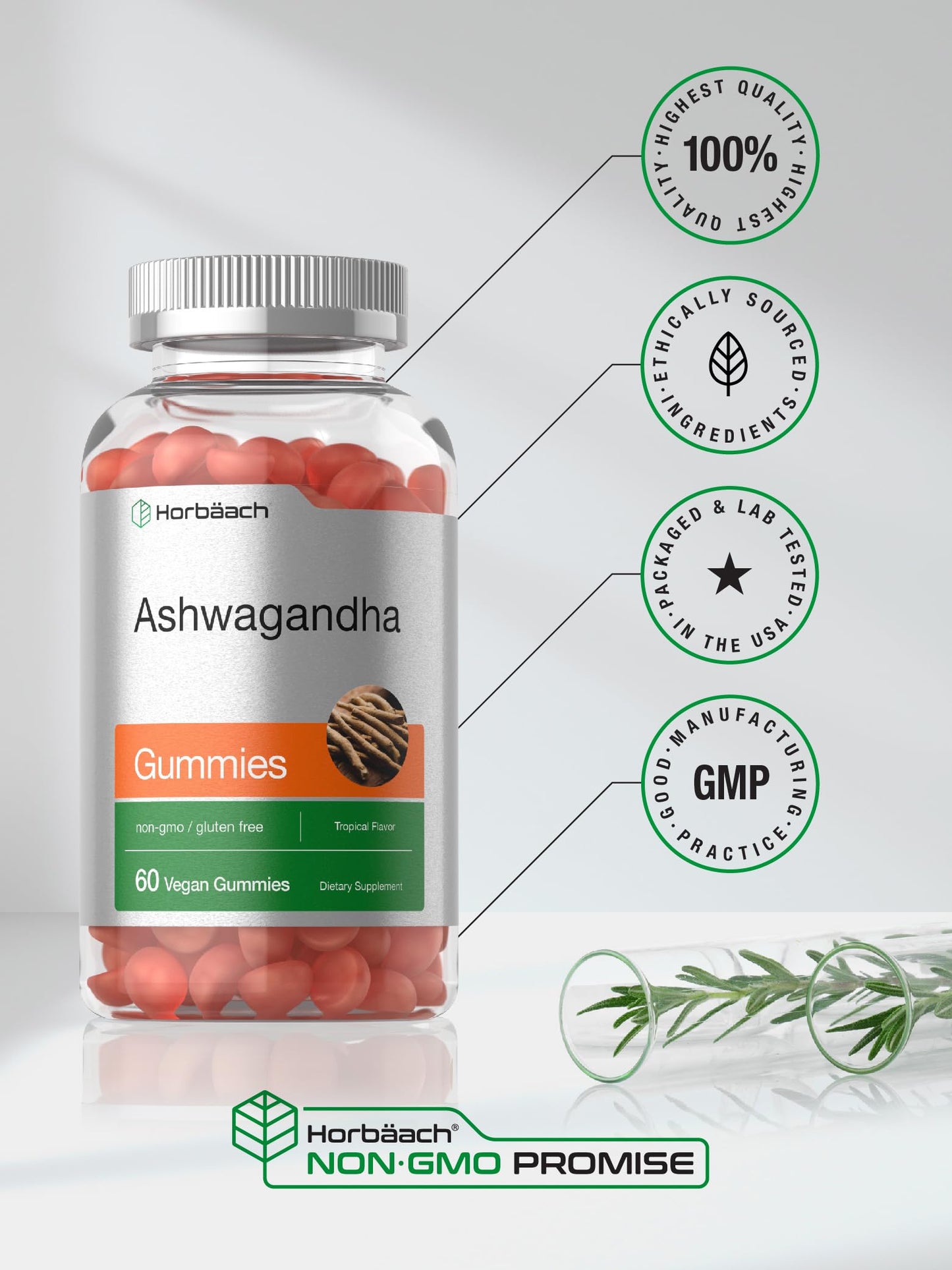 Horbäach Ashwagandha Gummies for Women and Men | 60 Count | Vegan, Non-GMO, Gluten Free Supplement | Tropical Flavor