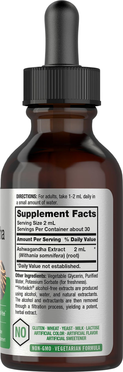Horbäach Ashwagandha Liquid Drops - 2 Fl Oz | Alcohol-Free Tincture | Vegetarian, Non-GMO